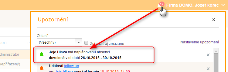 Upozornění o naplánované dovolené či lékaři